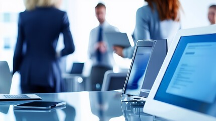 Diverse professionals in a high-tech meeting room. Featuring interactive screens and digital devices