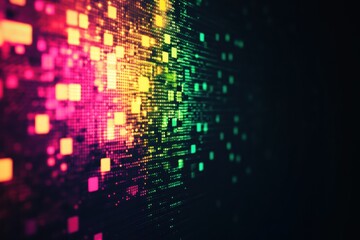 Obraz premium Glowing mosaic of pixelated elements creates a vibrant abstract display in bright neon colors. Generative AI