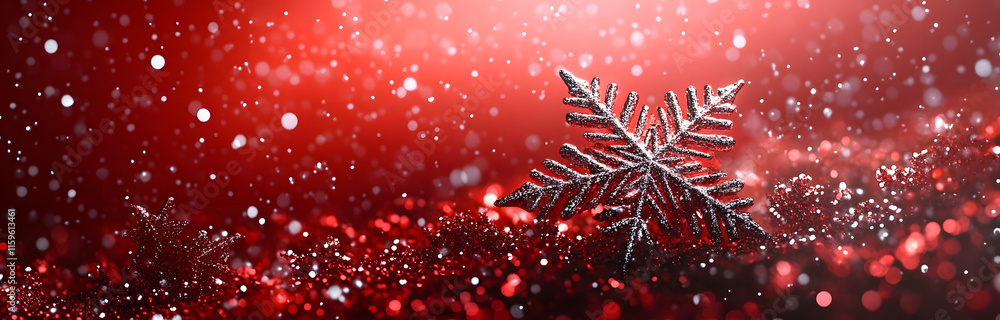 Poster festive red and silver glitter snowflakes with falling snow and bokeh lights on a red background gen