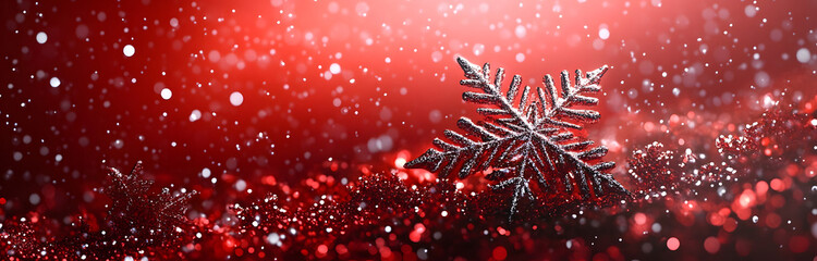Festive red and silver glitter snowflakes with falling snow and bokeh lights on a red background Generative AI