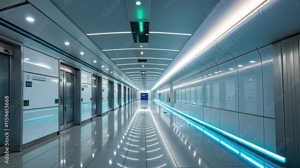 Poster metallic hallway lighting gradually revealing sleek, reflective surfaces within advanced technologic