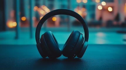 Close-up of ergonomic wireless headphones on a yoga mat, soft warm light highlighting the padded...