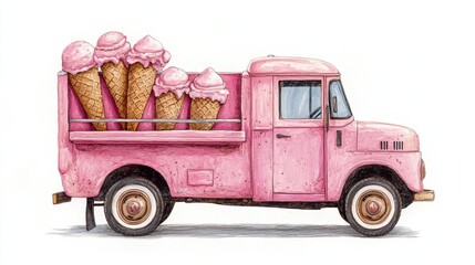 Retro Ice Cream Truck with Pink Scoop and Cone Illustration