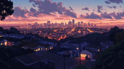 A view of a city skyline at dusk from a hilltop with houses illuminated. Twilighted. Illustration