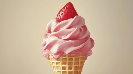 Hand drawn image of strawberry soft serve ice cream in a waffle cone on a transparent background. Minimalistic flat vector illustration EPS10