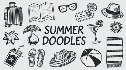 A set of hand-drawn summer travel doodles. There's a suitcase, a map, glasses, a cocktail, a plane ticket, a hat, flip flops, sunglasses, and a beach towel. 