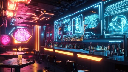 A cyberpunk bar with neon-lit drinks, holographic menus, and futuristic decor.