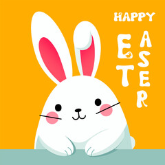 Happy Easter. Easter rabbit, easter Bunny. Easter poster with bunny. Egg hunt card template. Funny rabbit. White Easter rabbit. White Easter bunny on yellow background. Happy easter banner with bunny