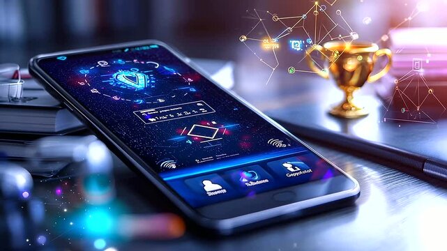 Smartphone displaying educational app with gamification features, illustrating digital learning, interactive education, student engagement, e-learning tools and modern technology in education.