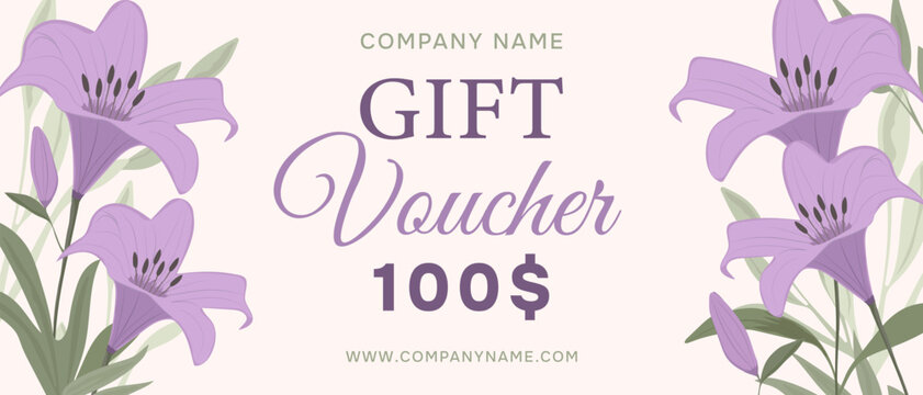 Gift voucher. Template for holiday gift certificate with lilies, invitation or certificate.