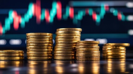 A close-up of stacked gold coins with a fluctuating stock market graph in the background.