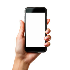 Women's hand holding a smartphone with a white screen, isolated on a transparent background. PNG element.