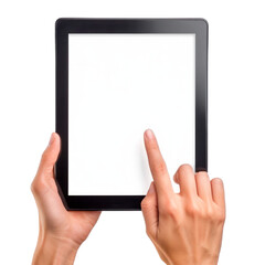 The woman holds a tablet with a white screen with two hands, isolated on a transparent background. PNG element.