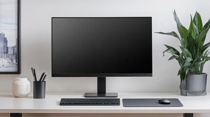 Modern Minimalist Home Office Setup Computer, Keyboard, Mouse, Plant