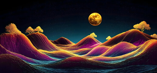 A 3D mural wallpaper with a night landscape with colorful mountains, golden moon, golden trees, and golden waves, on a black background.