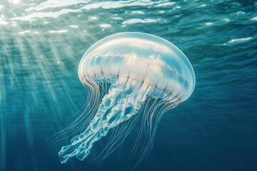 Fototapeta premium Graceful Jellyfish Gliding in Sunlit Ocean