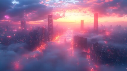 Fototapeta premium Cityscape and towers reflect beautifully on the shimmering river at sunset background image