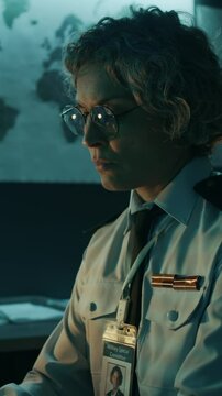 Vertical medium closeup of focused Caucasian female military or police officer with ID badge and shoulder patches in uniform sitting in command center, working on computer, in blue light at nighttime