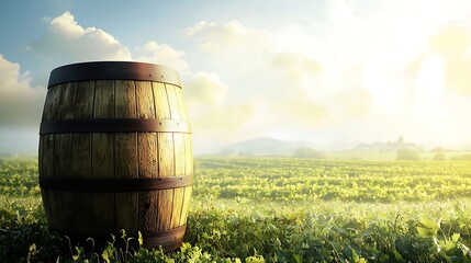 Obraz premium A solitary wine barrel against a backdrop of a foggy vineyard, soft sunlight glinting off the wooden surface, the atmosphere is mysterious, reflective, and earthy