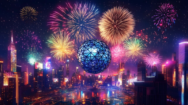Iconic New Year&rsquo;s Eve ball drop surrounded by colorful fireworks over a city skyline