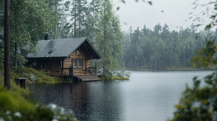 Fototapeta premium Log cabin style country house near a lake, soft drops of water falling from the roof generative ai