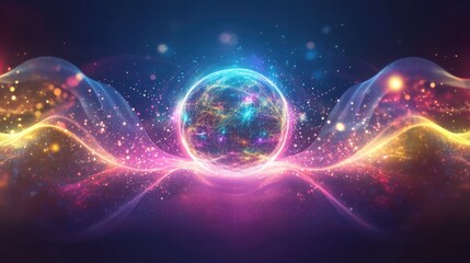 Glowing Cosmic Sphere, Energy Waves, Digital Art, Abstract Background