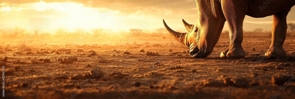 Poster close up view of a rhino in a barren savanna during golden hour highlighting the unique features of 