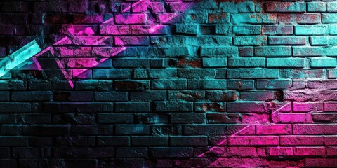 Dynamic neon designs against brick wall, cyberpunk colors of blue, pink, and green, industrial urban vibe"
