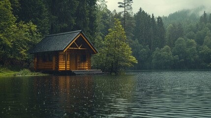 Fototapeta premium Log cabin style country house near a lake, soft drops of water falling from the roof generative ai