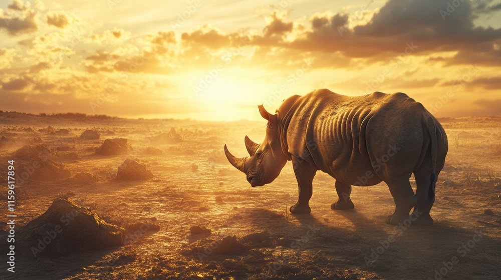 Aufkleber rhino stands majestically in a barren savanna at sunset with golden hues and dramatic clouds creatin