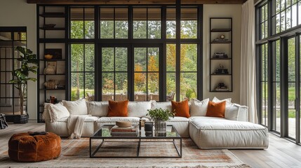 Cozy modern living room with large windows and comfortable furniture near nature