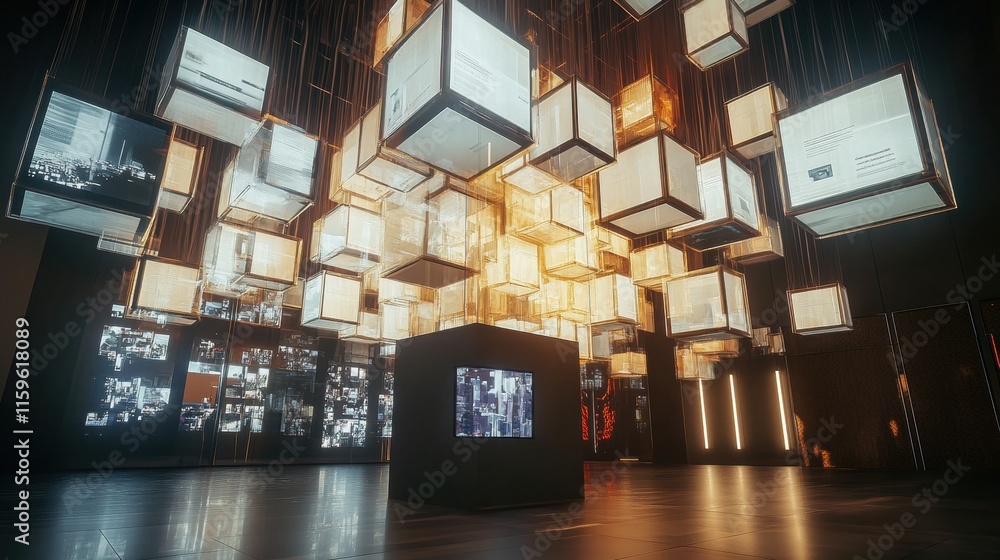 Leinwandbilder Floating cubes display abstract text and symbols in an immersive digital art installation at an urban gallery. Generative AI