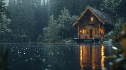 Fototapeta premium Log cabin style country house near a lake, soft drops of water falling from the roof generative ai