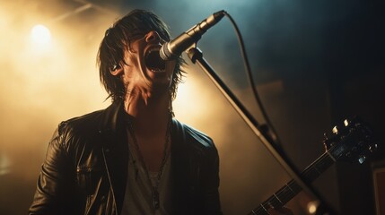Rock Concert Male Vocalist, Powerful Performance, Stage Lights, Microphone, Guitar, Passionate Singe