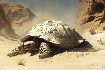 Desert tortoise camouflaged in arid desert environment with cacti