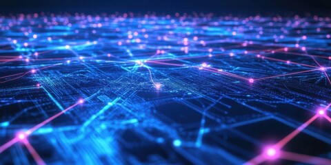 Fototapeta premium Neon abstract digital circuit design with interconnected lines, glowing blue and purple lights, cybernetic feel
