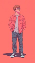 Obraz premium A stylized illustration of a young man in casual attire against a solid background.