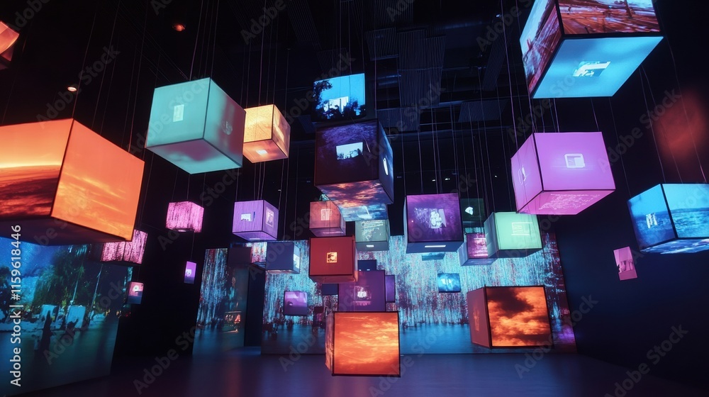 Fototapete floating cubes display holographic text and symbols in a modern digital art installation showcasing 