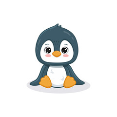 Cute cartoon penguin isolated on white. Funny penguin sitting. Animal in flat style for children books, magazines, greeting cards, and winter designs. Vector illustration