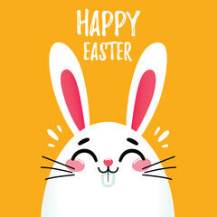 Happy Easter. Easter rabbit, easter Bunny. Easter poster with bunny. Egg hunt card template. Funny rabbit. White Easter rabbit. White Easter bunny on yellow background. Happy easter banner with bunny
