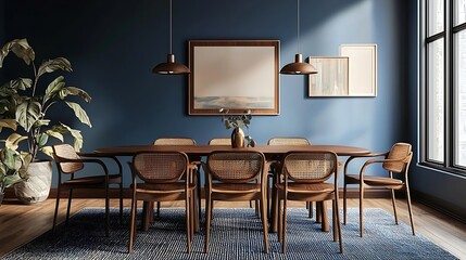 Dining room wall mockup with soft blue tones, modern Scandinavian furniture, bright natural light illuminating the space, peaceful and chic vibe, same place and same camera view