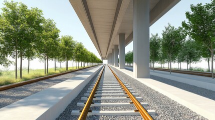 Tranquil Railway Scene with Green Trees and Modern Structure