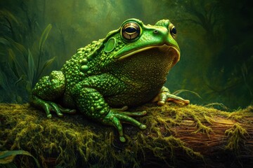 Obraz premium Vibrant green common toad in woodland setting with mosscovered log and soft light
