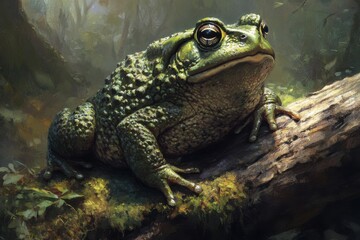 Obraz premium Vibrant green common toad in woodland setting with mosscovered log and soft light