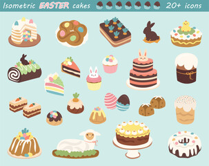 Isometric Easter cake icon collection, 20+ items