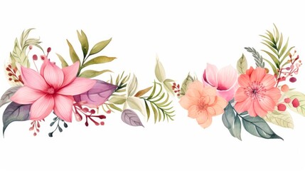 Beautiful Boho Watercolor Wedding Frame with Tropical Roses and Flowers Illustration and Single Elements Featuring Monstera and Fern Botanicals