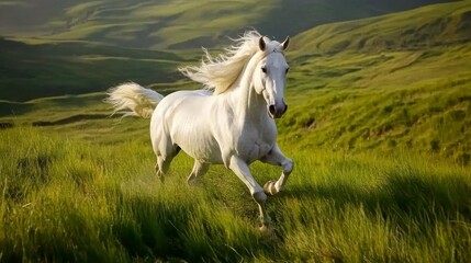 White horse galloping across a vibrant green field, majestic mountains in the background.