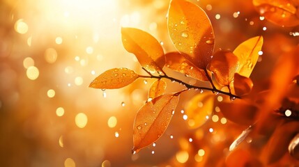 bush branch with subtle water drops falling from it, warm colors generative ai