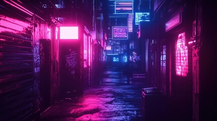 A dark alley in a cyberpunk city, filled with neon graffiti and flickering holographic signs.