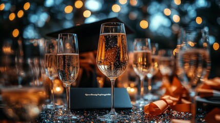 Celebration setup with champagne glasses and graduation cap at a festive gathering